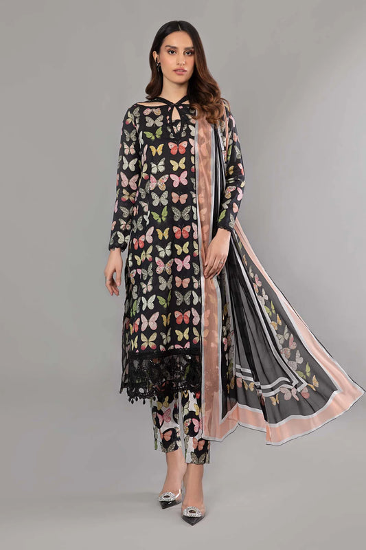 Shamoos Silk 3 Piece Suit Butterfly Print | Unstitched